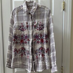 Johnny Was Purple Plaid Embroidered Blouse